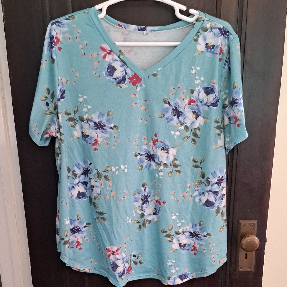 Floral V-Neck Women's Top - Aqua/Blue